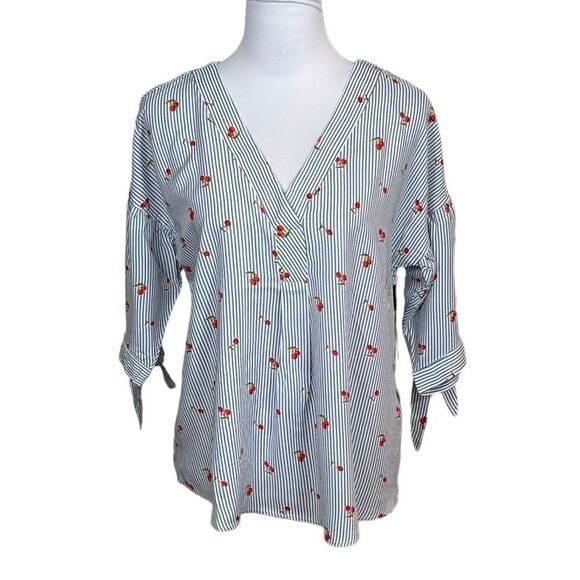 Coverstitch Women’s Blue Stripe V-Neck Cherry Print Top, Size S, NWT - Picture 2 of 8